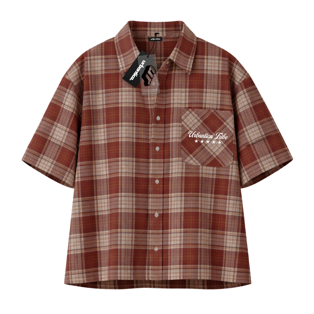Boxy Button-Up Tee | Rust Plaid