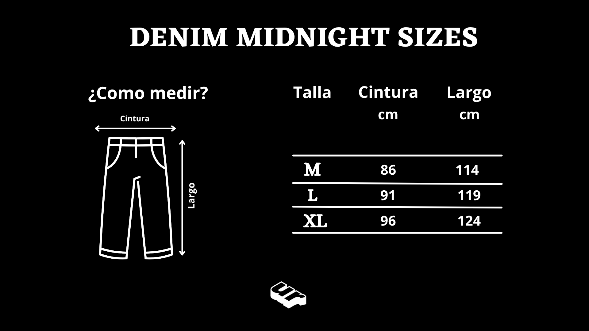 Guía de tallas Denim Midnight M 38x106 L 41x109 XL 44x112